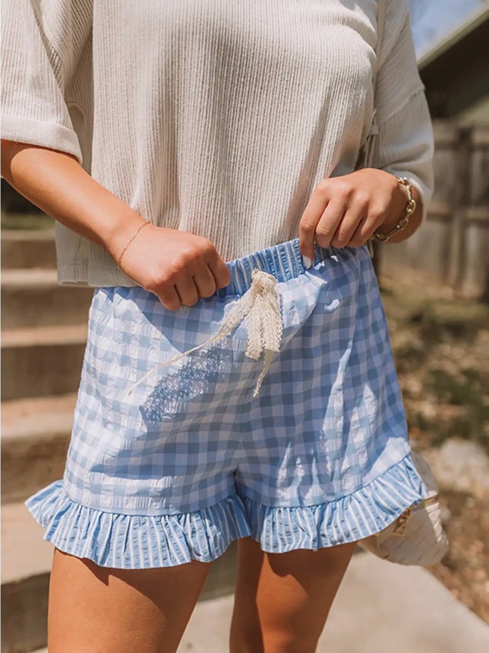 Light Blue Gingham Ruffle-Hem Women's Skort
